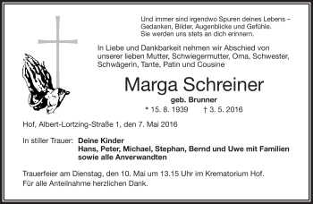 Traueranzeige von Marga Schreiner von Frankenpost