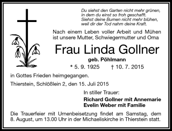 Traueranzeige von Linda Gollner von Frankenpost