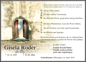 Traueranzeige von Gisela Röder von Südthüringer Presse