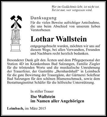 Traueranzeige von Lothar Wallstein von Südthüringer Presse