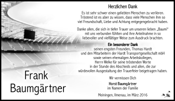 Traueranzeige von Frank Baumgärtner von Südthüringer Presse