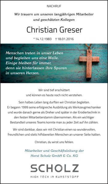 Traueranzeige von Christian Greser von Neue Presse Coburg