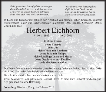 Traueranzeige von Herbert Eichhorn von Südthüringer Presse