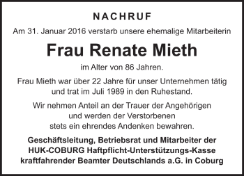 Traueranzeige von Renate Mieth von Neue Presse Coburg