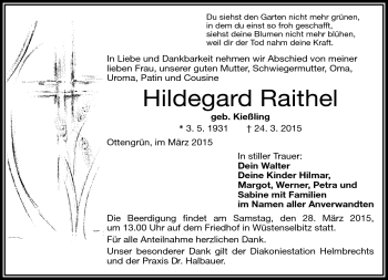 Traueranzeige von Hildegard Raithel von Frankenpost