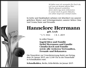 Traueranzeige von Hannelore Herrman von Südthüringer Presse