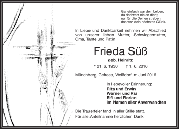 Traueranzeige von Frieda Süß von Frankenpost
