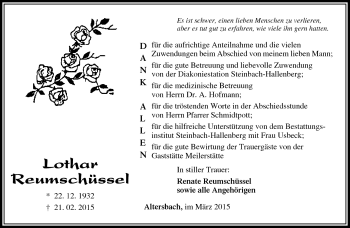 Traueranzeige von Lothar Reumschüssel von Südthüringer Presse