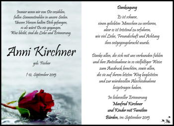 Traueranzeige von Anni Kirchner von Südthüringer Presse