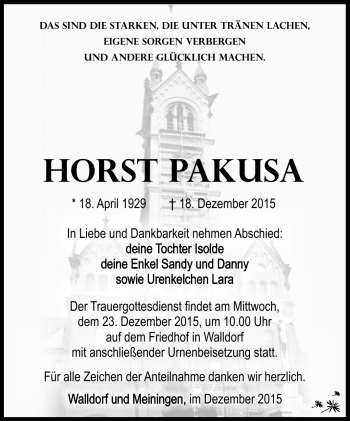 Traueranzeige von Horst Pakusa von Südthüringer Presse