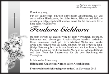 Traueranzeige von Feodora Eichhorn von Südthüringer Presse