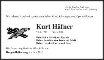 Traueranzeige von Kurt Häfner von Südthüringer Presse