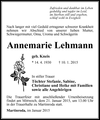 Traueranzeige von Annemarie Lehmann von Südthüringer Presse