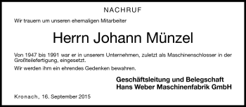 Traueranzeige von Johann Münzel von Neue Presse Coburg