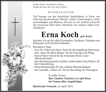 Traueranzeige von Erna Koch von Südthüringer Presse