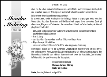 Traueranzeige von Monika Möhring von Südthüringer Presse