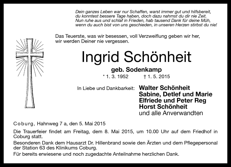  Traueranzeige für Ingrid Schönheit vom 05.05.2015 aus Neue Presse Coburg
