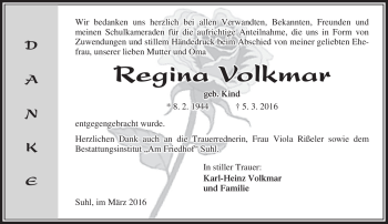 Traueranzeige von Regina Volkmar von Südthüringer Presse