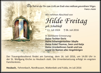 Traueranzeige von Hilde Freitag von Südthüringer Presse