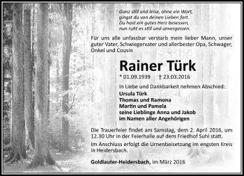 Traueranzeige von Rainer Türk von Südthüringer Presse