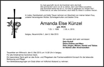 Traueranzeige von Amanda Else Künzel von Frankenpost