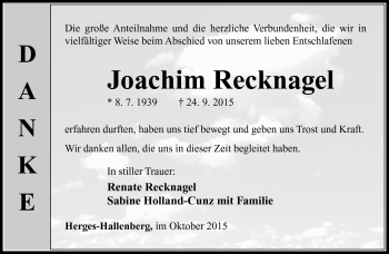 Traueranzeige von Joachim Recknagel von Südthüringer Presse