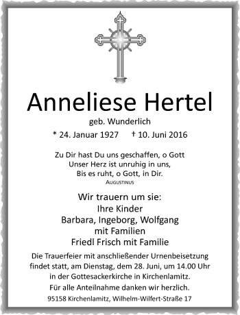 Traueranzeige von Anneliese Hertel von Frankenpost