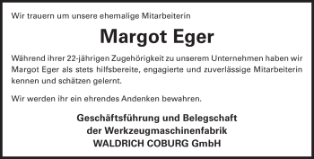 Traueranzeige von Margot Eger von Neue Presse Coburg