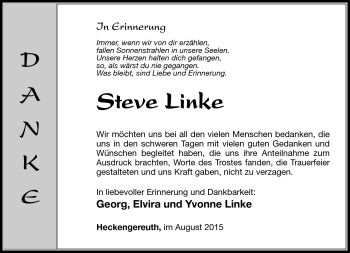 Traueranzeige von Steve Linke von Südthüringer Presse