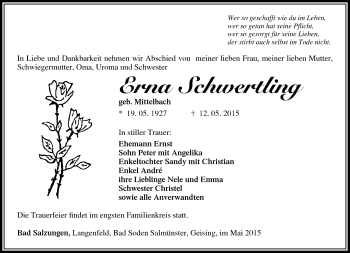 Traueranzeige von Erna Schwertling von Südthüringer Presse