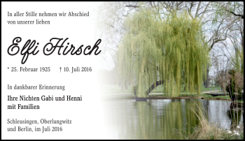 Traueranzeige von Elfriede Hirsch von Südthüringer Presse
