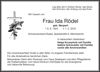 Traueranzeige von Ida Rödel von Frankenpost