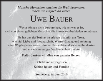 Traueranzeige von Uwe Bauer von Südthüringer Presse
