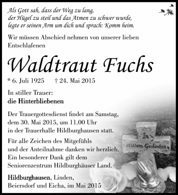 Traueranzeige von waltraut Fuchs von Südthüringer Presse