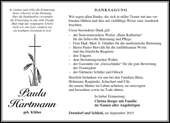 Traueranzeige von Paula Hartmann von Südthüringer Presse