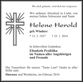 Traueranzeige von Helene Herold von Südthüringer Presse