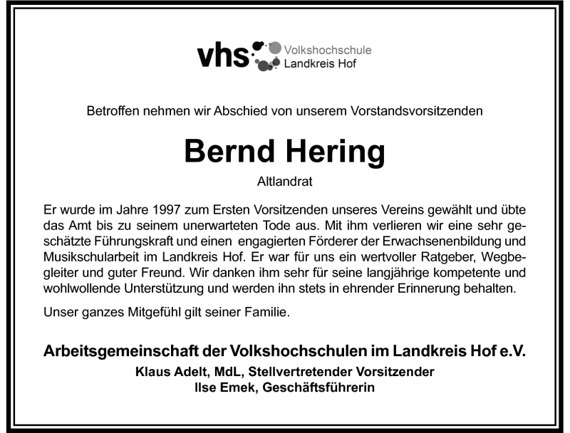  Traueranzeige für Bernd Hering vom 23.05.2015 aus Frankenpost