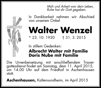 Traueranzeige von Walter Wenzel von Südthüringer Presse