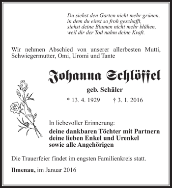 Traueranzeige von Johanna Schlöffel von Südthüringer Presse