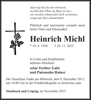 Traueranzeige von Heinrich Michl von Südthüringer Presse
