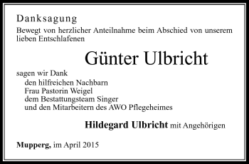 Traueranzeige von Günter Ulbricht von Südthüringer Presse