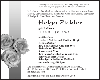 Traueranzeige von Helga Zickler von Südthüringer Presse