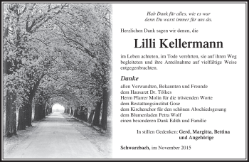 Traueranzeige von Lilli Kellermann von Südthüringer Presse