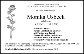Traueranzeige von Monika Usbeck von Südthüringer Presse