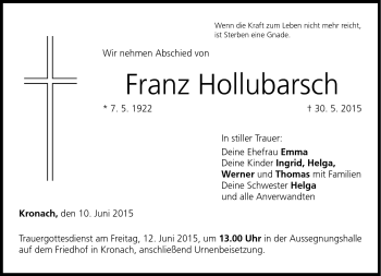 Traueranzeige von Franz Hollubarsch von Neue Presse Coburg