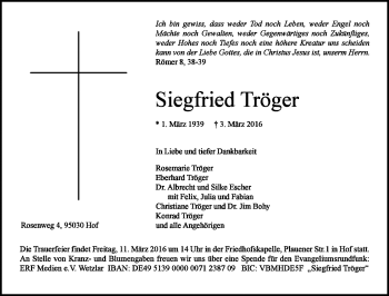 Traueranzeige von Siegfried Tröger von Frankenpost
