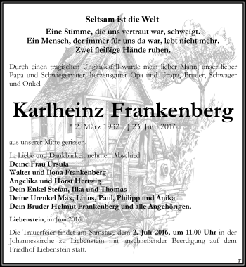 Traueranzeige von Karlheinz Frankenberg von Südthüringer Presse