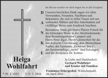 Traueranzeige von Helga Wohlfahrt von Südthüringer Presse