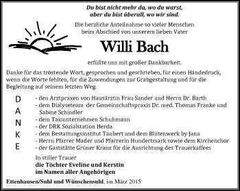 Traueranzeige von Willi Bach von Südthüringer Presse