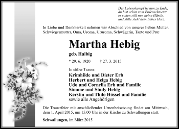 Traueranzeige von Martha Hebig von Südthüringer Presse